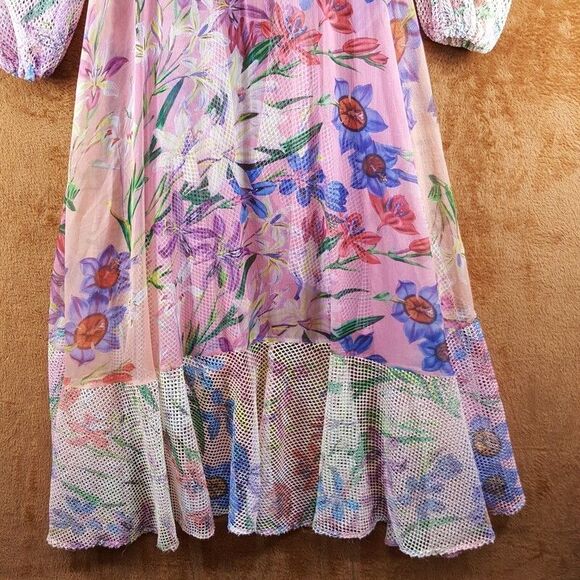 PATBO Womens Dress XS Pink Iris Floral Crochet Robe Tie Front Cascading Sheer - Picture 9 of 14